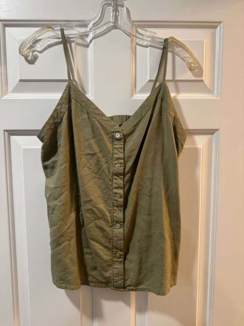 Olive Button-Front Spaghetti Strap Tank Top- linen